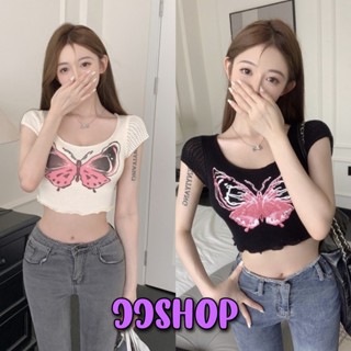 JJ Shop​💜​พร้อมส่ง  เสื้อครอปไหมพรมลายผีเสื้อ แขนสั้นขอบระบาย "9080" -C