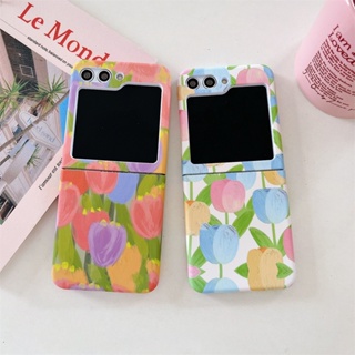 เคสโทรศัพท์มือถือ pc แข็ง กันกระแทก ลายดอกไม้ สีแดง สีฟ้า สําหรับ Samsung Galaxy Z Flip 5 Flip 5 5G