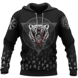 เสื้อกันหนาว มีฮู้ด ลาย Viking 3D Wolf Vegvisir Rune