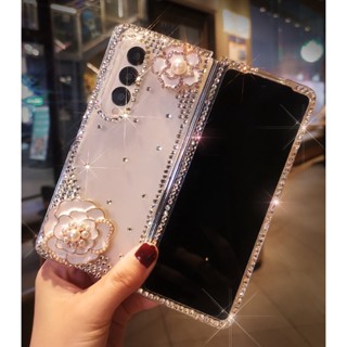 เคสโทรศัพท์มือถือ PC แข็ง แบบใส ลายดอกไม้ ประดับเพชร พลอยเทียม หรูหรา สําหรับ Samsung Galaxy Z Fold 5 4 3 2