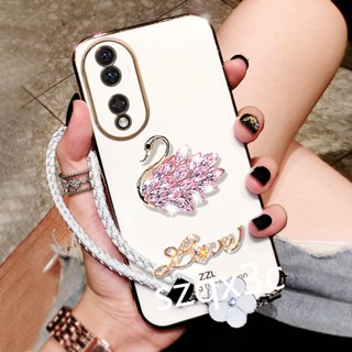 เคสโทรศัพท์มือถือ TPU นิ่ม ขอบตรง ลายหงส์น่ารัก พร้อมสายโซ่คล้องมือ ประดับคริสตัล สําหรับ Honor 90 Lite X9a X8a X6 X8 5G 4G Magic5 Huawei Nova 11i 11 Pro HONOR90