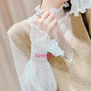 เสื้อเชิ้ต คอสูง แขนบาน ผ้าตาข่าย แต่งลูกไม้ สีขาว แฟชั่นฤดูร้อน สําหรับผู้หญิง