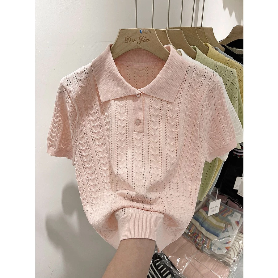 Xiao เสื้อกันหนาว คอปกโปโล แขนสั้น ผ้าเรยอน แว็กซี่ แบบนิ่ม ออกแบบดี แบบบาง เหมาะกับฤดูร้อน สําหรับผู้หญิง DRLU