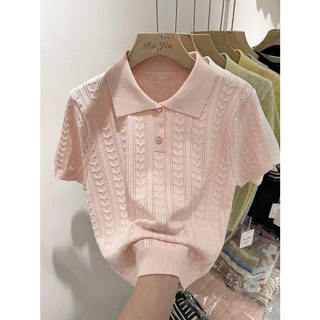 Xiao เสื้อกันหนาว คอปกโปโล แขนสั้น ผ้าเรยอน แว็กซี่ แบบนิ่ม ออกแบบดี แบบบาง เหมาะกับฤดูร้อน สําหรับผู้หญิง DRLU