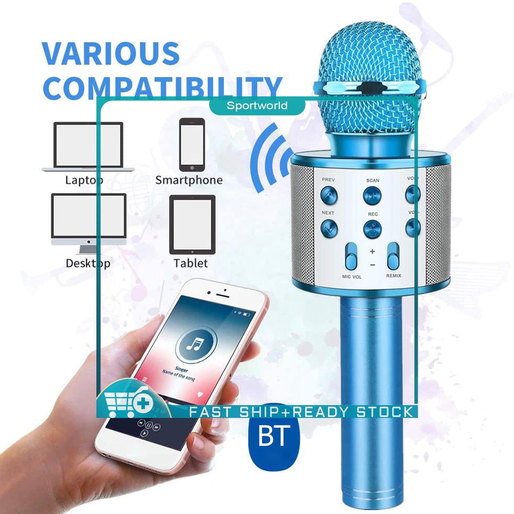 ❀sportworld【In Stock】 Karaoke Microphone, Handheld Karaoke Speaker for Android/Apple (Blue)