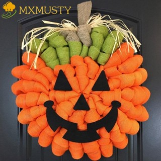 Mxmusty พวงหรีดฟักทองฮาโลวีน ผ้าลินิน แบบถักมือ สีส้ม แฟชั่นฤดูใบไม้ร่วง สําหรับแขวนตกแต่งผนัง