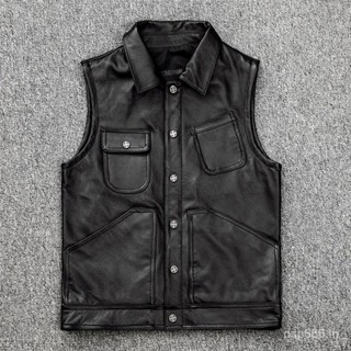 Amicha tooling Recarving first layer cowhide leather leather coat mens motorcycle vest sleeveless leather jacket 5RVP