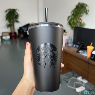 Starbucks Layer Matte Black Coffee Cup Frosted Straw Cup Double-layer Straw Cup 16oz/24oz Large-capacity Student Water Cup TH1