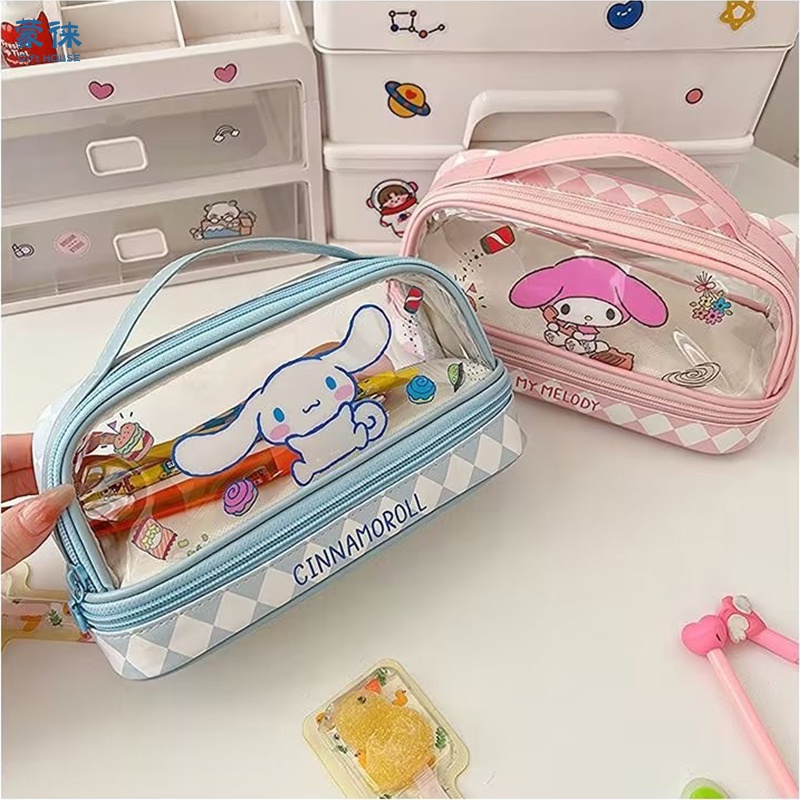Sanrio กระเป๋าดินสอ กระเป๋าเครื่องเขียน ลาย Hello Kitty Cinnamoroll Kuromi ความจุเยอะ 2 ชั้น แบบพกพา