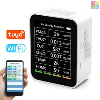 [ขายดี] Tuya เครื่องตรวจจับคุณภาพอากาศ WiFi แบบพกพา 6 In 1 อเนกประสงค์ PM2.5 TVOC CO2 CH2O สําหรับบ้าน ออฟฟิศ