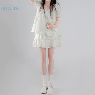 Gjcute ชุดเสื้อแขนสั้น กระโปรงสั้น จับจีบ สีเขียวอ่อน ลําลอง สําหรับผู้หญิง WTD