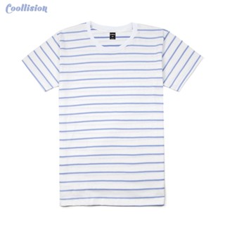 #Coollision-Mini pastel-blue เสื้อลายทางพื้นสีขาว เส้นสีฟ้าพาสเทล  unisex ผ้าไม่ลื่น ฝ้าย ทุกโอกาส สีไม่ตก ลำลอง