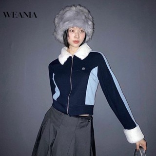 Weania เสื้อแจ็กเก็ต เสื้อคาร์ดิแกน แบบมีซิป เข้ารูป แต่งขนเฟอร์ จับคู่สี สําหรับผู้หญิง