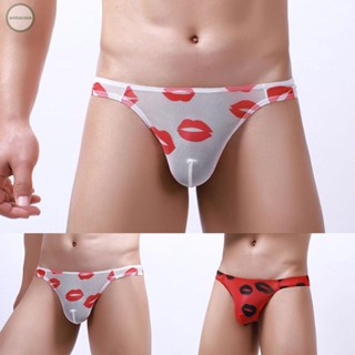 GORGEOUS~Mens Briefs Panties See-Through Sexy Lingerie Lip Print Low Waist Mesh Pouch