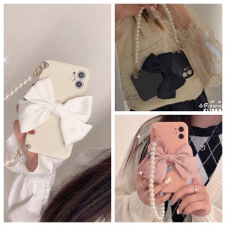 เคสโทรศัพท์มือถือ TPU นิ่ม ปิดด้านหลัง ประดับโบว์ และสายโซ่ไข่มุก สําหรับ Samsung Galaxy A70 S23 Plus S23 Ultra S9 S8 Plus S23+ S9+ S8+