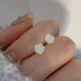 ต่างหูกระดุมเงินแท้ S925 รูปดอกกุหลาบ สีขาว เครื่องประดับ สําหรับผู้หญิง