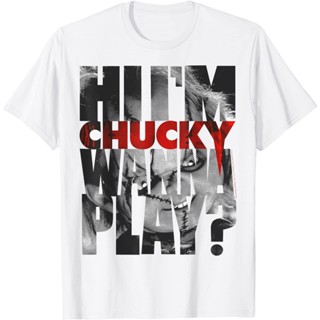 QGแขนสั้นcrew neckเสื้อยืด พิมพ์ลายข้อความ Hi Im Chucky Wanna Play สําหรับเด็ก และผู้ใหญ่S-XXXXL