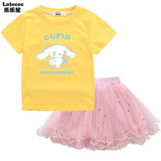 SANRIO เสื้อยืดแขนสั้น พิมพ์ลายการ์ตูน Cinnamoroll และกระโปรงตูตู สีชมพู แฟชั่นฤดูร้อน สําหรับเด็กผู้หญิง จํานวน 2 ชิ้น