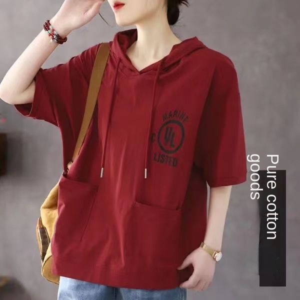 เสื้อยืดแขนสั้น มีฮู้ด ผ้าฝ้ายแท้ ทรงหลวม ขนาดใหญ่ เหมาะกับฤดูร้อน สําหรับผู้หญิง 2023