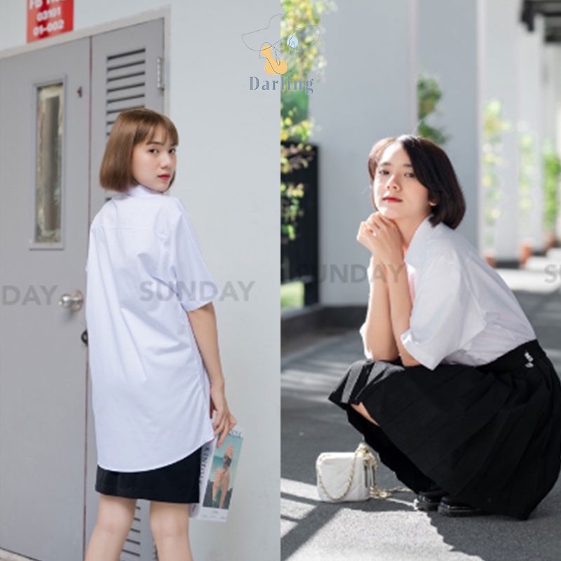 เสื้อนักศึกษาทรงบอย Oversize มีกระเป๋าด้านหน้า เสื้อนิสิตทรงหลวม หลังว่าง