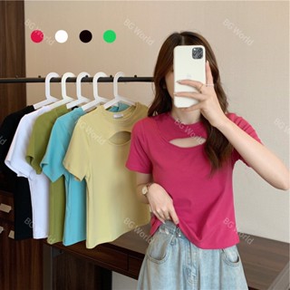 เสื้อยืดลําลอง คอกลม แขนสั้น สีพื้น สไตล์เกาหลี สําหรับสตรี