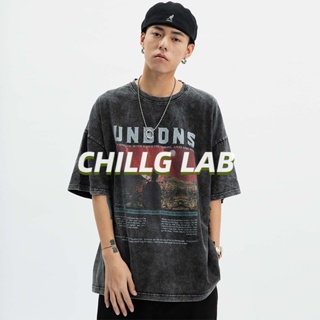 CHILLG LAB เสื้อยืดแบรนด์แฟชั่นยุโรปและอเมริกาวินเทจล้างภาพเก่าแขนสั้นผู้ชายและผู้หญิงถนนอเมริกันหลวมด้านบนแนวโน้ม