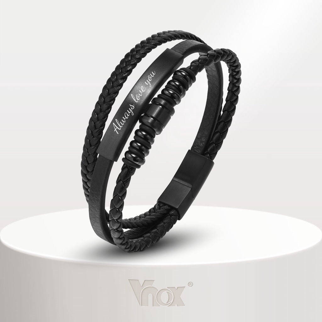 Vnox แบรนด์ฟรี กําหนดเอง สร้อยข้อมือหนังแท้ สีดํา สําหรับผู้ชาย ป้ายแท็ก ID สเตนเลส 3 ชั้น ซ้อนกัน สายรัดข้อมือ เครื่องป