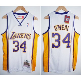 Jersey NBA LAKERS เสื้อเจอร์ซีย์ เคลื่อนไหว #34 SHAQUILLE ONEAL PUTIH 03/04 M&amp;N WgVy 508658