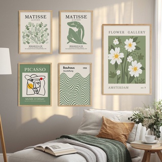 โปสเตอร์ภาพวาดผ้าใบ ลาย Abstract Matisse Picasso Green Botanical Line สําหรับตกแต่งผนังบ้าน ห้องนั่งเล่น