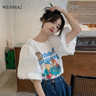 Weania-2 เสื้อยืด แขนพอง พิมพ์ลายการ์ตูน ทรงหลวม สําหรับผู้หญิง