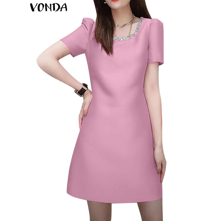 Vonda ผู ้ หญิงเกาหลีสบายๆพัฟแขนรอบคอลูกไม ้ สายชุดราตรีชุดแต ่ งงาน