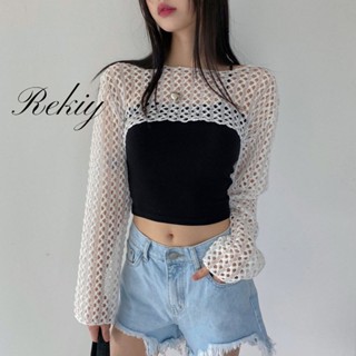 Rekiy เสื้อครอปท็อปลําลอง แขนยาว คอกลม สีพื้น ฉลุลาย เซ็กซี่ แฟชั่นสําหรับสตรี 2023