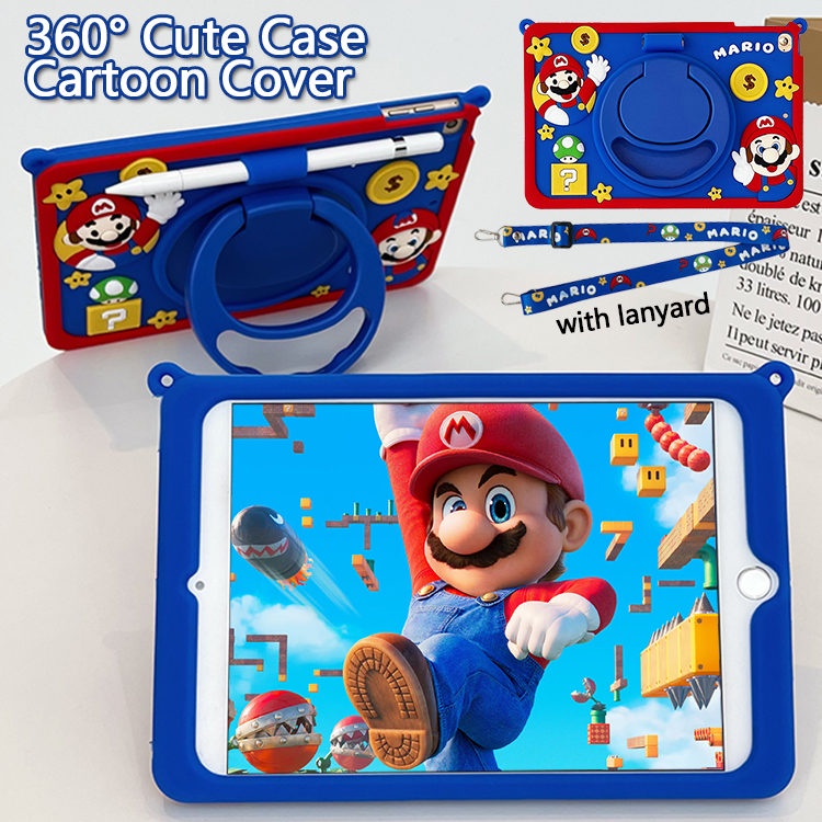 360°ขายึดหมุนได้ สําหรับ iPad 10.2 2021 Gen10 Gen9 Gen8 Gen7 Gen6 Pro 11 2020 2024 2022 10.5 9.7 2018 2017 iPad10 iPad9 iPad6 iPad5 Air5 Air4 Air6 Mini6 Air Mini 1 2 3 4 5 6 เปลือก 3D Cartoon  Super Mario Soft TPU Case ชุดการ์ตูน มีช่องปากกา เคสซิลิโคน