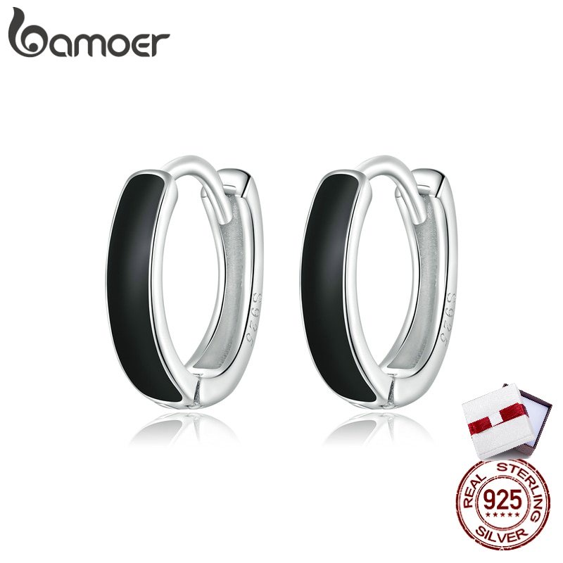 Bamoer ต่างหูห่วง เงิน 925 เคลือบน้ํามัน สีดํา 1 คู่ สําหรับผู้หญิง SCE1047