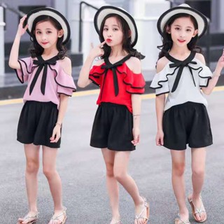 พร้อมส่ง เสื้อยืดแขนสั้น และกระโปรง ผ้าฝ้าย ลายดอกไม้ แฟชั่นฤดูร้อน สําหรับเด็กผู้หญิง จํานวน 2 ชิ้น ชุดเดรสเด็กผู้หญิง