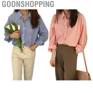 Goonshopping Stripe Print Blouse  Long Sleeve Women Casual Shirt Polyester Fabric Turndown Collar  for Indoor Outdoor Wear