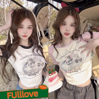 Fulllove ใหม่ เสื้อยืดครอปท็อป แขนสั้น พิมพ์ลาย ทรงสลิม สีคอนทราสต์ สไตล์หวาน และเผ็ด