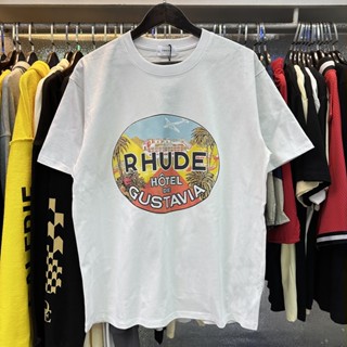 Rhude เสื้อยืดแขนสั้น พิมพ์ลาย Hotel De Gustavia แฟชั่นฤดูร้อน สําหรับผู้ชาย และผู้หญิง