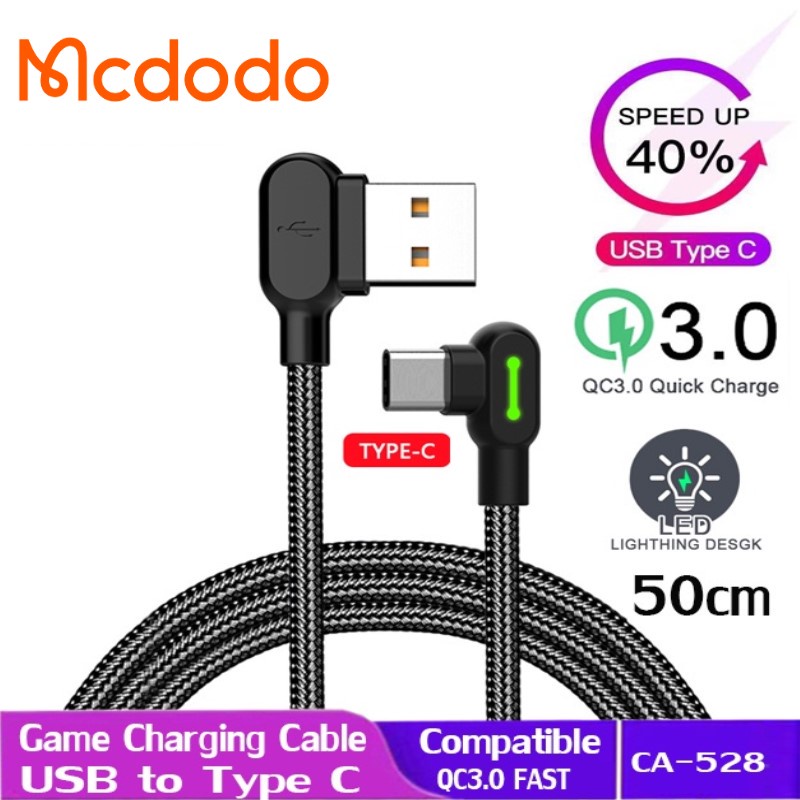 Mcdodo 3A สายมุมขวา 90 องศา พร้อมสายไฟ LED เกม Type C QC3.0 fast charger ล่าสุด CA-5280
