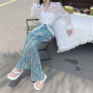 Ice Silk Tie-Dye Wide-Leg Pants Womens Summer Mop Pants Womens Loose Korean-Style Student Pleated Ins Trendy All-Match Casual Pants