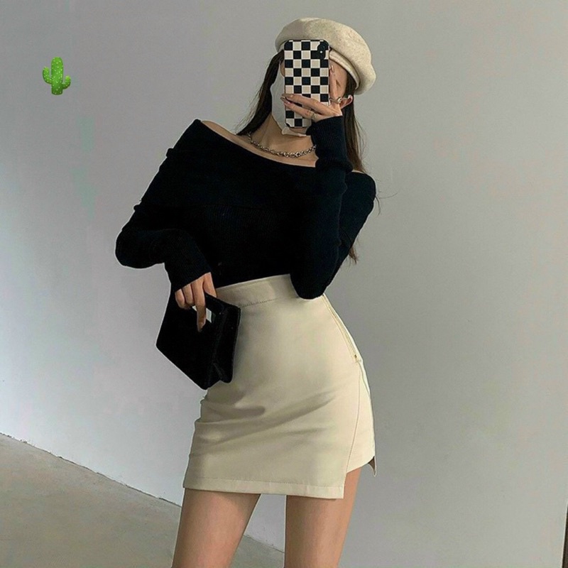 กระโปรงหนังซิปเย็บติดกางเกง alohashop91