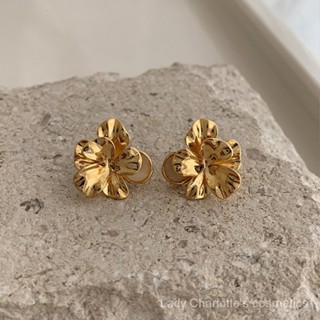 [0623]YWFK-EH Retro French Design Golden Flower Earrings Temperament Entry Lux Metal Fashion All-Match Internet-Famous Stud Earrings Popular Light Luxury Online Influencer Fashion