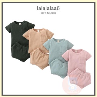 Laa6- เสื้อยืดคอกลม แขนสั้น สีพื้น พร้อมกระเป๋า และกางเกงขาสั้น สําหรับเด็ก