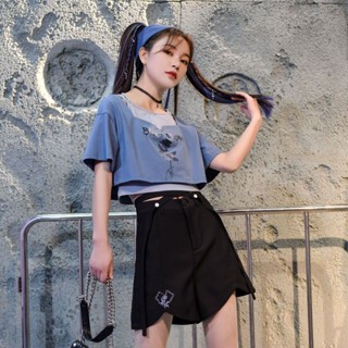 Original Mori Girl Tribal Fashion Design Suit Trendy Cool Top Shorts Fake Two-piece T-shirt Design Sense Niche Summer