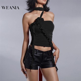 Weania เสื้อท็อป เปิดไหล่ แต่งจับจีบ ลายดอกกุหลาบ สําหรับผู้หญิง