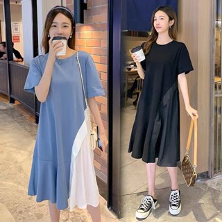 Ann.Fashion ชุดเดรสยาวคอกลมแฟชั่นเรียบง่าย แต่งด้านข้างเป็นกระโปรงจีบ เนื้อผ้ายืดทิ้งตัวให้ทรงสวย ดีไซน์เรียบง่าย #9114