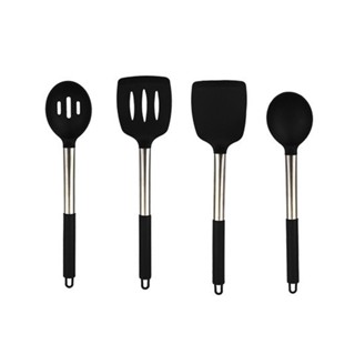 4pcs Home Large Restaurant Heat Resistant Cooking Utensils Fried Black Scratch Free Solid Slotted Silicone Spoon Spatula