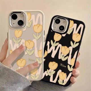 เคสโทรศัพท์มือถือ ซิลิโคนนุ่ม กันกระแทก ลายดอกทิวลิป ปุ่มโลหะ สําหรับ IPhone 14 13 12 11 Pro Max XS X XR 8 + 7 Plus