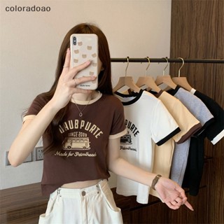 Crd เสื้อครอปท็อป คอกลม แขนสั้น พิมพ์ลาย สีตัดกัน แฟชั่นฤดูร้อน สําหรับผู้หญิง ZXH