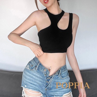 Poppia- เสื้อครอปท็อป แขนกุด ทรงอสมมาตร แฟชั่นฤดูร้อน สําหรับผู้หญิง